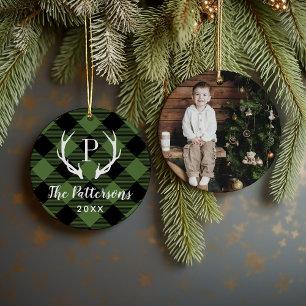 Rustic Plaid Antler Monogram Custom Photo Ceramic Ornament