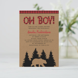 Rustic Plaid Bear Oh Boy Baby Shower Invitation