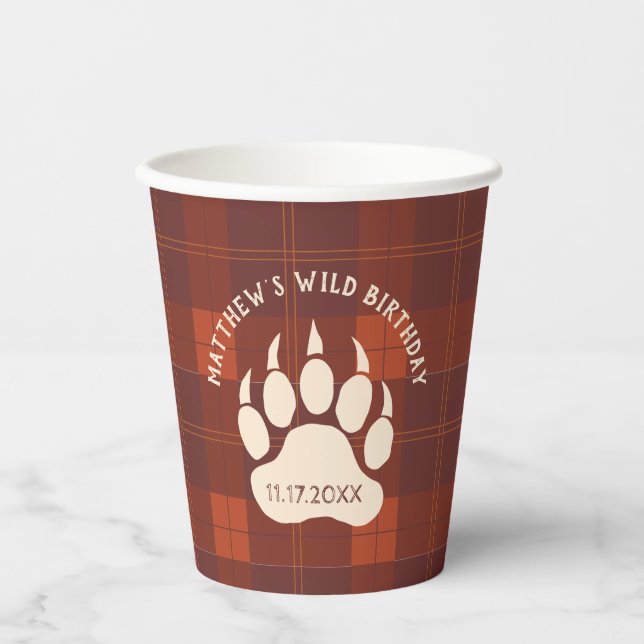Rustic Plaid Bear Paw Wild Birthday Party Paper Cups (Front)