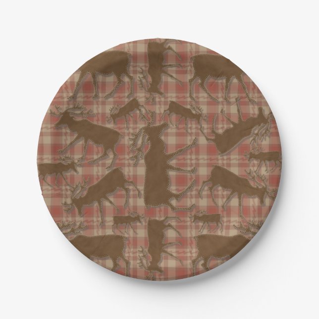 Rustic plaid brown moose paper plates (Front)