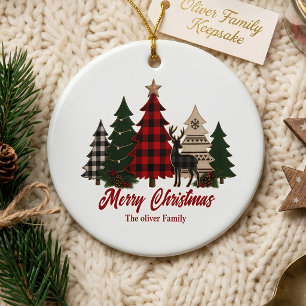 Rustic Plaid Christmas Family Trees Reindeer Ceramic Ornament