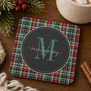Rustic Plaid Christmas Red Green Monogram Coaster