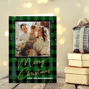 Rustic Plaid Christmas Tree Forest Photo Real Foil Greeting Card
