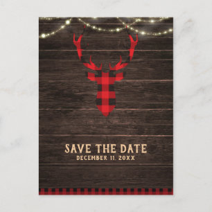 Rustic Plaid Deer Antlers & Lights Save the Date Announcement Postcard
