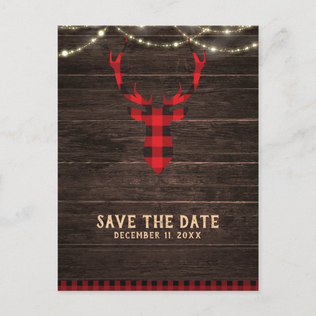 Rustic Plaid Deer Antlers & Lights Save the Date Announcement Postcard (Front)