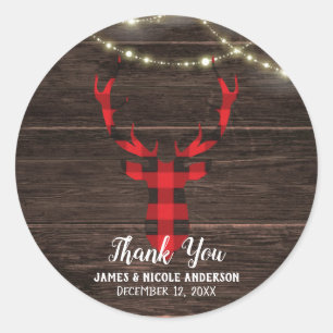 Rustic Plaid Deer Antlers Wood & Lights Favour Classic Round Sticker
