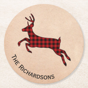 Rustic Plaid Deer Personalized Paper Coasters
