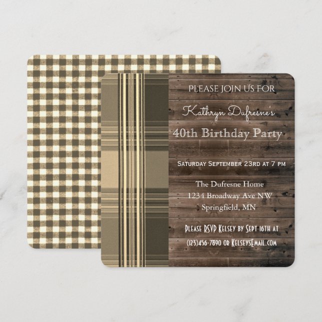 Rustic & Plaid Elegance Birthday Party Invitation (Front/Back)