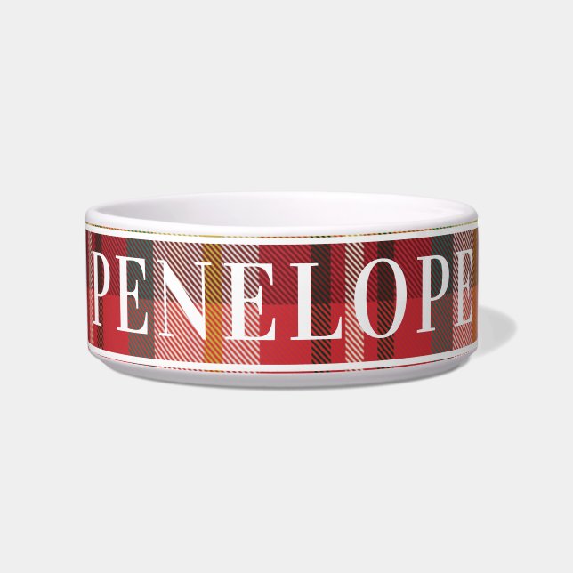 Rustic Plaid Elegant Personalized Pet Name Dog Bowl (Front)
