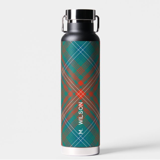Rustic Plaid Elegant Script Tartan Custom Water Bottle (Front)
