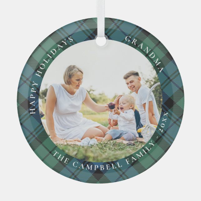 Rustic Plaid Family Photo Grandma Campbell Tartan Glass Ornament (Front)