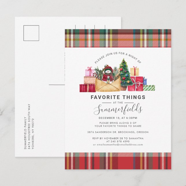 Rustic Plaid Favourite Things Christmas Holidays Invitation Postcard (Front/Back)