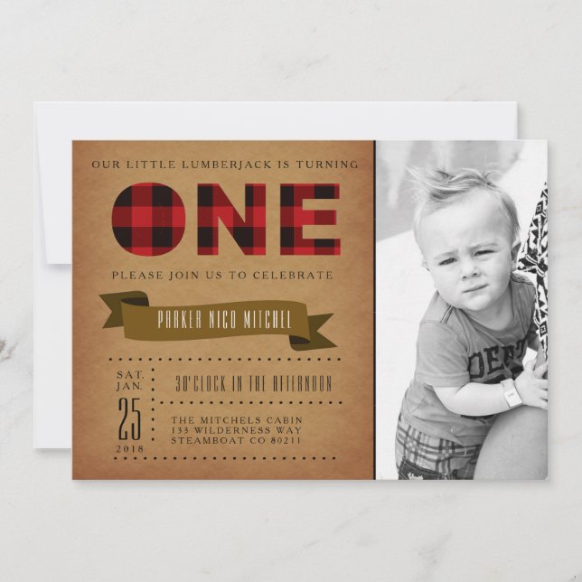 Rustic Plaid First Birthday Party Invite Photo (Front)