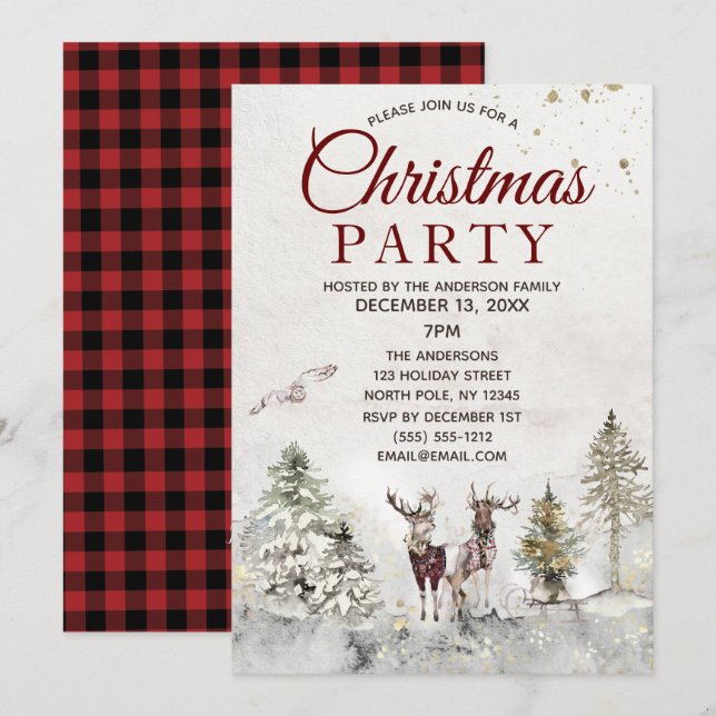 Rustic Plaid Forest Deer Owl Christmas Party Invitation (Front/Back)