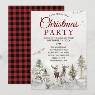 Rustic Plaid Forest Deer Owl Christmas Party Invitation