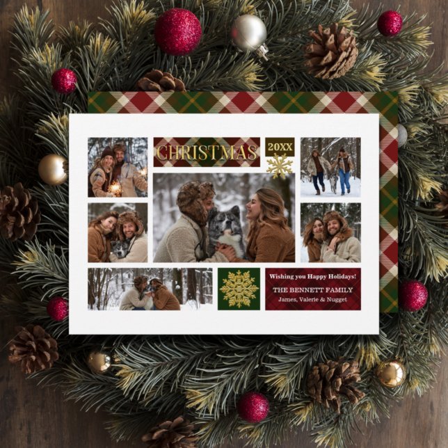 Rustic Plaid & Gold Snowflakes Multi-Photo Holiday Card (Creator Uploaded)