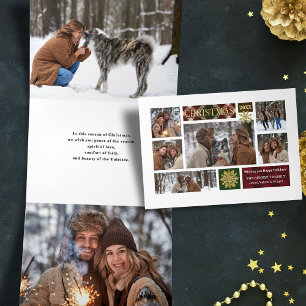 Rustic Plaid & Gold Snowflakes Multi-Photo Tri-Fold Holiday Card