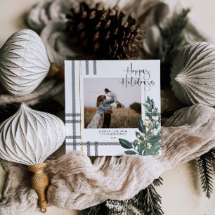 Rustic Plaid Greenery Holiday Photo Card
