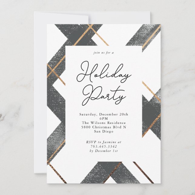 Rustic Plaid Grey and Gold Holiday Party Invitation (Front)