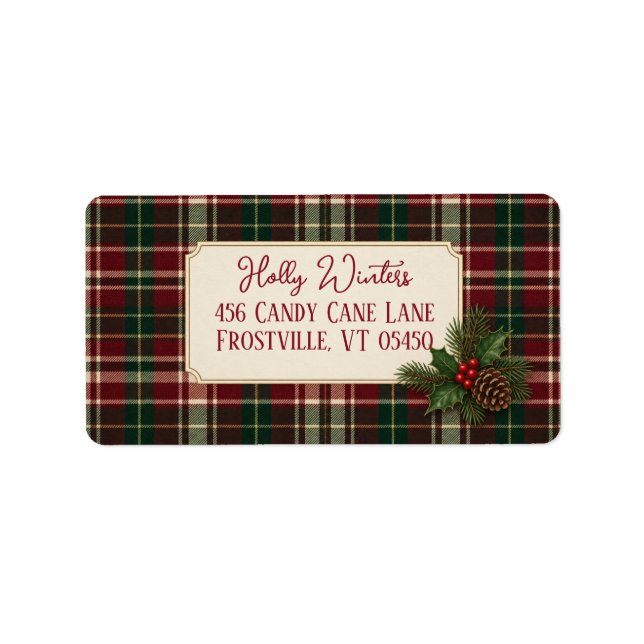Rustic Plaid Holly & Pinecone Christmas Address  Label (Front)