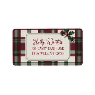 Rustic Plaid Holly & Pinecone Christmas Address Label
