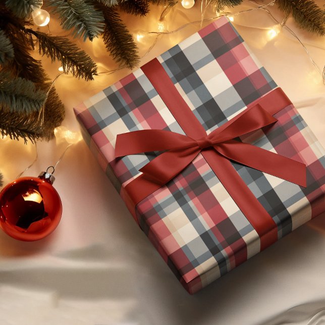 Rustic Plaid in Grey Red Tan Ivory Wrapping Paper (Creator Uploaded)