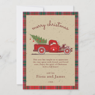 Rustic Plaid Kraft Red Truck Tree Personalized Holiday Card