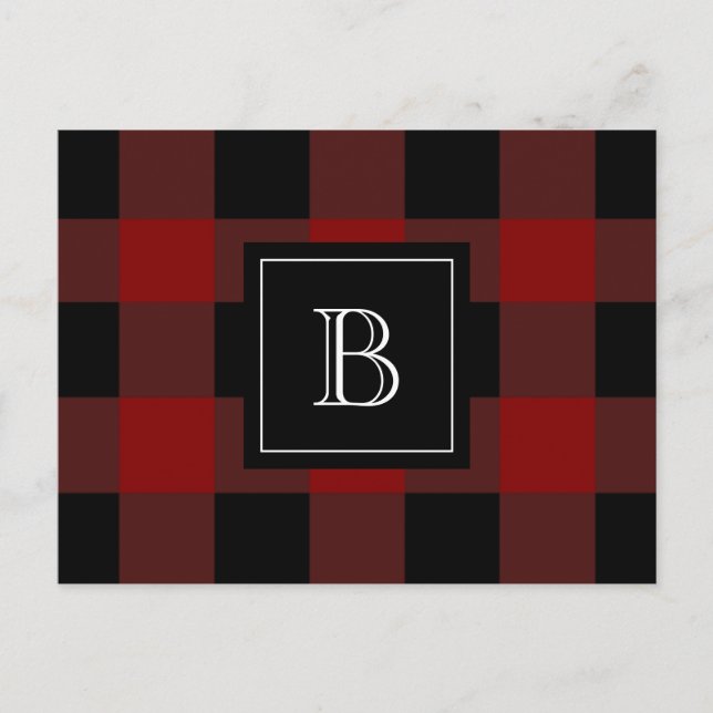 Rustic Plaid Lumberjack Monogram Initial Red Black Postcard (Front)