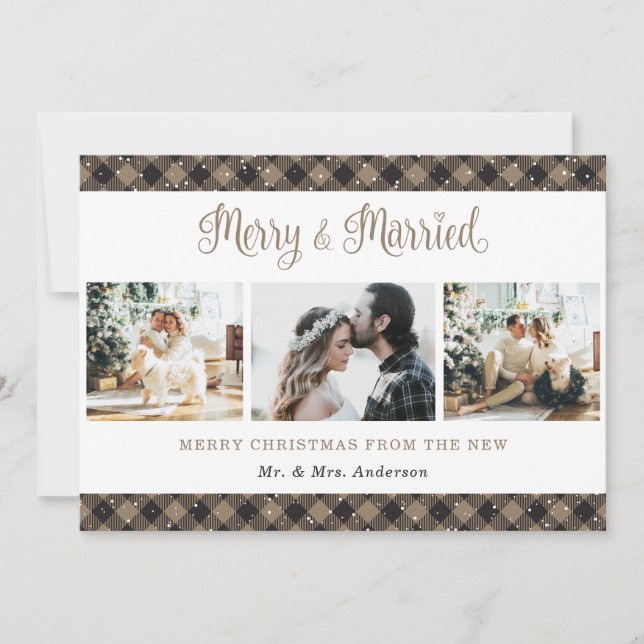 Rustic Plaid Merry and Married Christmas Card (Front)