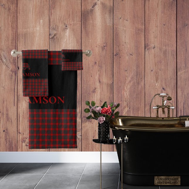 Rustic Plaid Monogram Bear | Buffalo Red Black Bath Towel Set (Creator Uploaded)