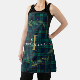 Rustic Plaid Monogram Christmas Wreath Tartan Apron