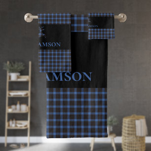 Rustic Plaid Monogram Deer Black Blue Bath Towel Set