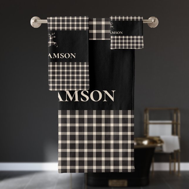 Rustic Plaid Monogram Deer | Black Cream White Bath Towel Set (Creator Uploaded)