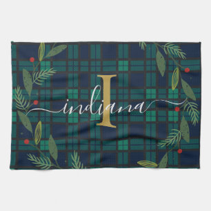 Rustic Plaid Monogram Script Wreath Tartan Kitchen Towel