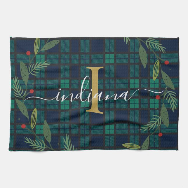 Rustic Plaid Monogram Script Wreath Tartan Kitchen Towel (Horizontal)