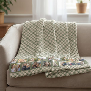 Rustic Plaid Multi Photo Family Gallery Green Sherpa Blanket
