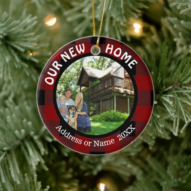 Rustic Plaid OUR NEW HOME (or Other Text) 2 Photo Ceramic Ornament (Tree)