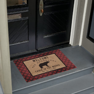 Rustic Plaid Pattern Bear Welcome Cabin in Woods Doormat
