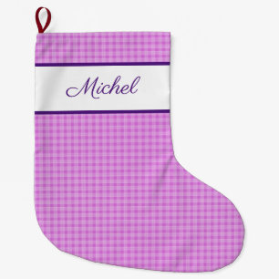 Rustic Plaid pattern lavender custom name Large Christmas Stocking