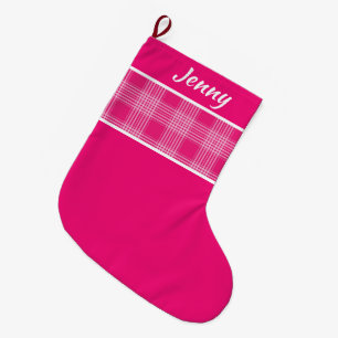 Rustic Plaid pattern Pink custom name Large Christmas Stocking