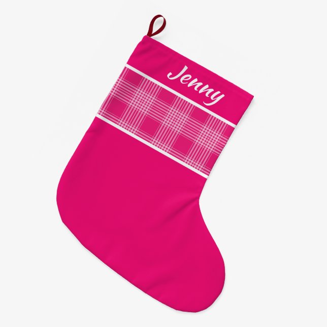 Rustic Plaid pattern Pink custom name Large Christmas Stocking (Front (Hanging))