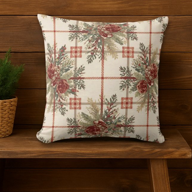 Rustic Plaid Pinecone Pattern Throw Pillow (vintage rustic holiday throw pillow)