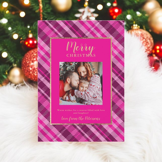 Rustic Plaid Pink Gold Merry Christmas 2 Photos Holiday Card (Rustic Plaid Pink Gold Merry Christmas 2 Photos Holiday Card)