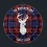 Rustic Plaid Purple Family Name Tartan Custom Dartboard<br><div class="desc">Elevate your home's entrance with our charming custom Dart Board, blending rustic charm and personalized elegance. This eye-catching design features a classic tartan plaid, evoking warmth and tradition, while a majestic deer antlers silhouette adds a touch of woodland whimsy. The dart board's crowning feature is a customizable space for your...</div>