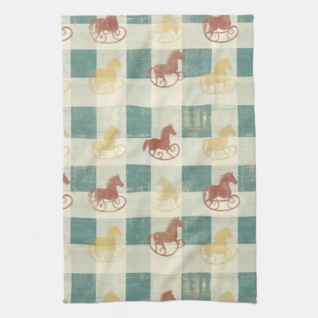 Rustic Plaid Rocking Horse Baby Pattern Kitchen Towel (Vertical)