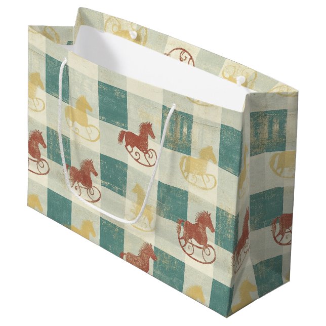 Rustic Plaid Rocking Horse Baby Pattern Large Gift Bag (Front Angled)