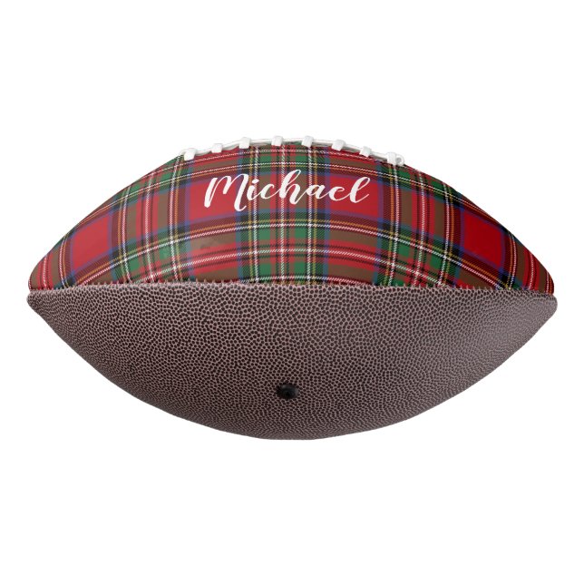 Rustic Plaid Script Red Green Tartan Personalized Football (Rotated 270)