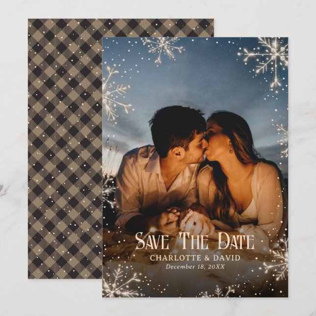 Rustic Plaid Snow Snowflakes Winter Photo Wedding Save The Date (Front/Back)