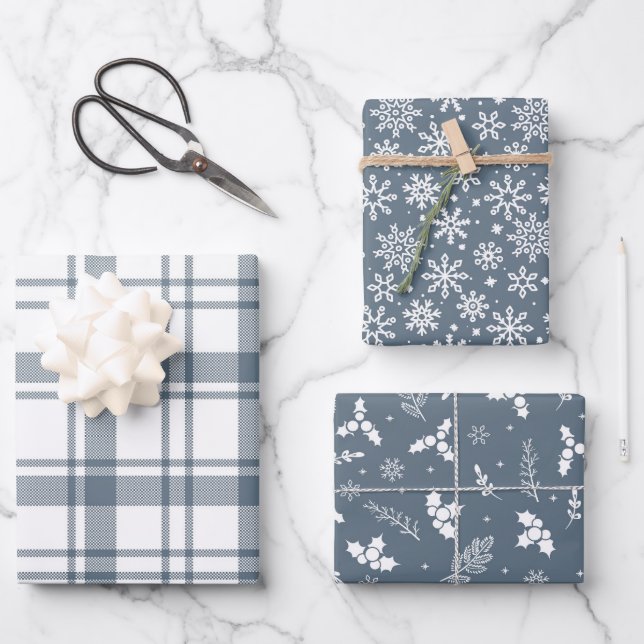 Rustic Plaid Snowflakes and Holly in Country Blue  Wrapping Paper Sheet (Front)