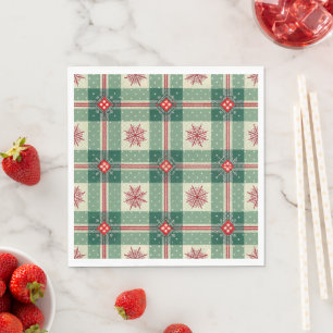 Rustic Plaid Snowflakes Green Holiday Pattern Napkin